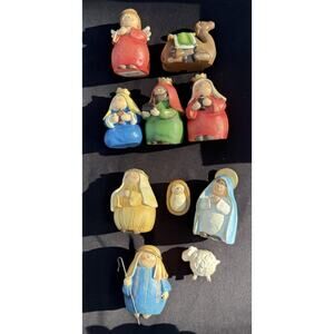 Cute GANZ Nativity Set Mary Joseph Angel Hand Painted Wood 9 Piece